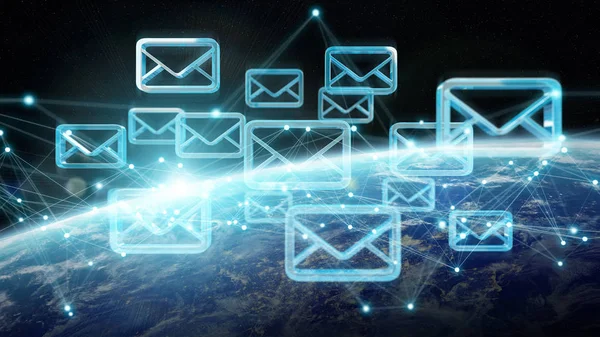 Emails exchanges on planet Earth 3D rendering — Stock Photo, Image