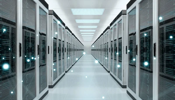 Centro de sala de servidores que intercambia datos cibernéticos renderizado 3D — Foto de Stock