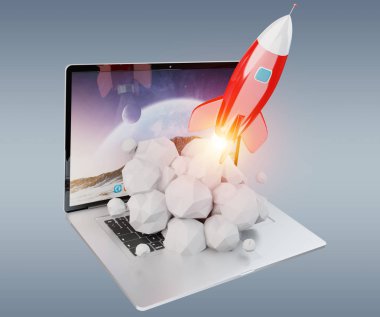 Bir dizüstü bilgisayar 3d render başlatılması roket