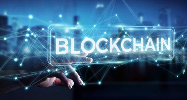 İşadamı blockchain cryptocurrency arabirimi 3d renderi kullanarak