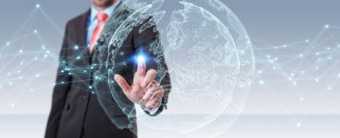 Planet earth ağ küre 3d işlemesini kullanan iş adamı