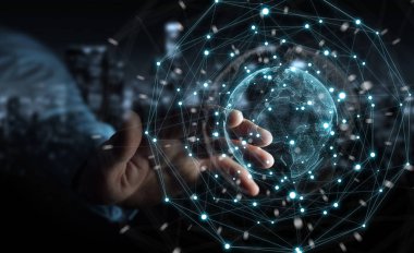 Planet earth ağ küre 3d işlemesini kullanan iş adamı