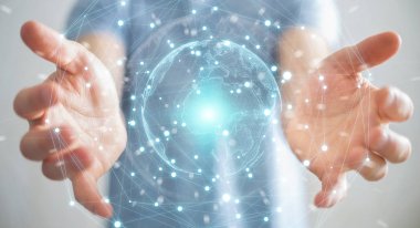 Planet earth ağ küre 3d işlemesini kullanan iş adamı