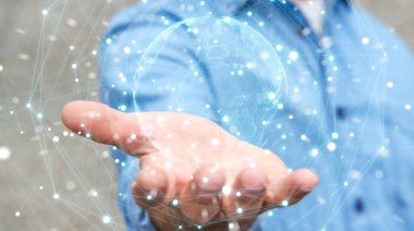 Planet earth ağ küre 3d işlemesini kullanan iş adamı