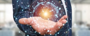 Planet earth ağ küre 3d işlemesini kullanan iş adamı