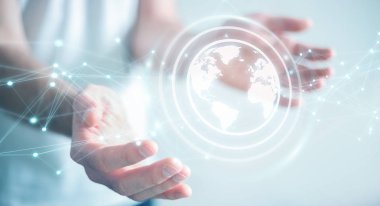 Planet earth ağ küre 3d işlemesini kullanan iş adamı