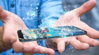 Cep telefonu 3d renderi üzerinde dijital ikili kod kullanarak iş adamı