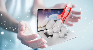 Bir laptop 3d render roket başlatılması ile iş adamı