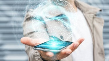 Dijital ağ bağlantısı küre 3B oluşturmayı kullanarak iş adamı