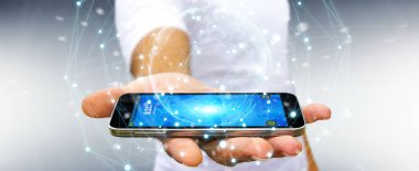 Planet earth ağ küre 3d işlemesini kullanan iş adamı