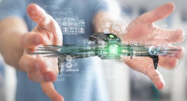 Modern dron 3d işlemesini kullanan iş adamı