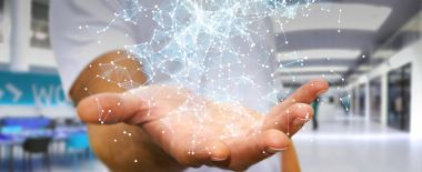 Uçan ağ bağlantısı 3d render tutan işadamı