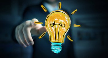 Holding ve bir ampul dokunmadan işadamı kroki