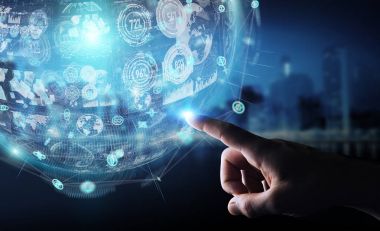 Hologram veriler dijital küre 3B oluşturmayı kullanarak iş adamı