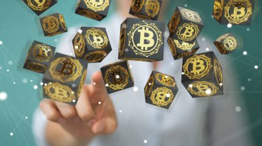 Bitcoins cryptocurrency 3d rendering kullanarak iş kadını
