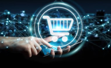 Dijital alışveriş simgeleri kullanarak bağlantıları 3d ren ile işadamı
