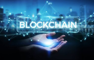 Blockchain cryptocurrency arabirimi 3d rende kullanarak iş kadını
