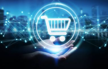 Dijital alışveriş simgeleri kullanarak bağlantıları 3d ren ile işadamı