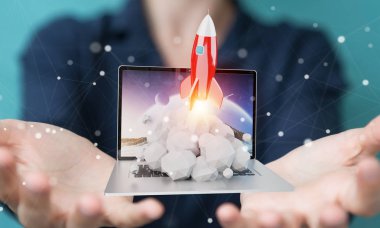 Bir laptop 3d render roket başlatılması ile iş kadını