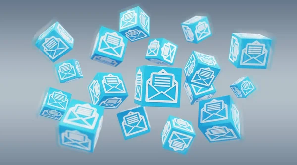 Cubo flotante correos electrónicos ilustración 3D renderizado —  Fotos de Stock