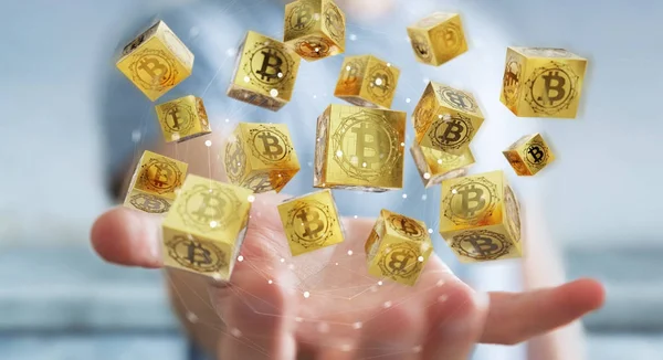 Empresario usando bitcoins cryptocurrency 3D rendering — Foto de Stock