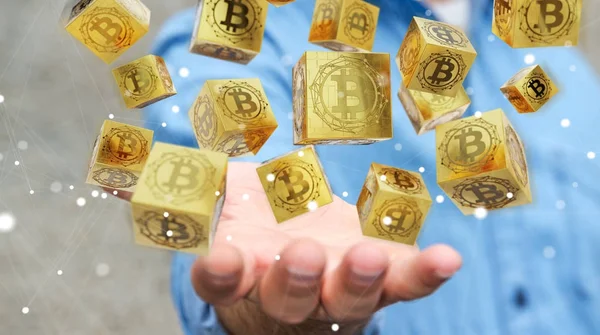 Empresário usando bitcoins criptomoeda 3D renderização — Fotografia de Stock