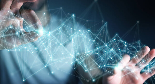 Бизнесмен с помощью трехмерного рендеринга подключения к сети
