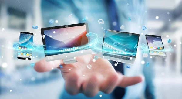 Businessman connecting tech devices and icons applications 3D re — Stock Photo, Image