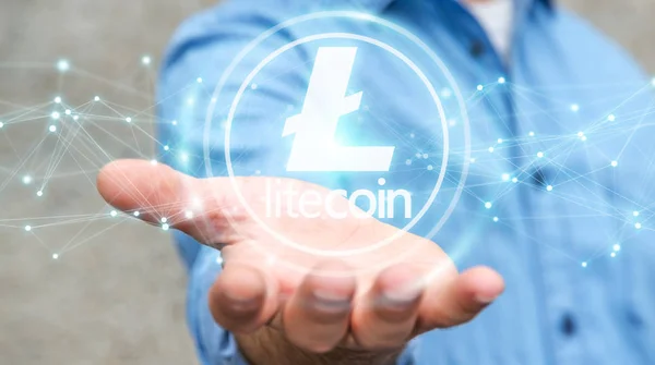 İşadamı litecoins cryptocurrency 3d işleme kullanarak — Stok fotoğraf