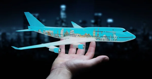 商人与飞机和著名地标世界3d 撕裂 — 图库照片