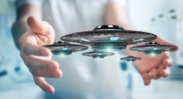 Geschäftsmann mit Retro-Ufo-Raumschiff 3D-Rendering — Stockfoto