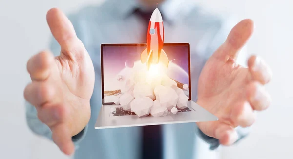 Homme d'affaires avec lancement de fusée à partir d'un ordinateur portable rendu 3D — Photo