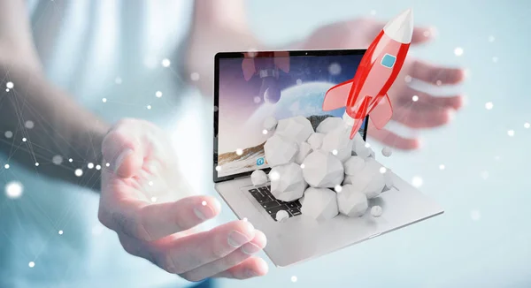 Pengusaha dengan roket diluncurkan dari laptop 3D rendering — Stok Foto