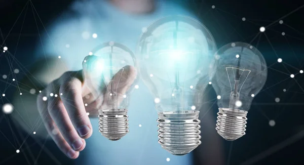 Empresário conectando lâmpadas modernas com conexões 3D ren — Fotografia de Stock