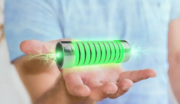 Businessman using green battery with lightnings 3D rendering — Stock Photo, Image