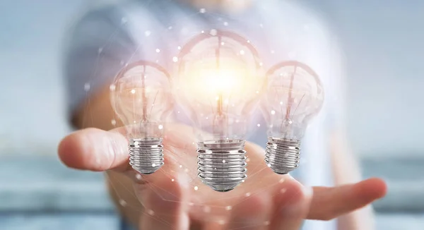 Zakenman moderne lightbulbs aansluiten met de 3D-ren verbindingen — Stockfoto