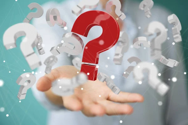 Businesswoman using 3D rendering question marks — Stock Photo, Image