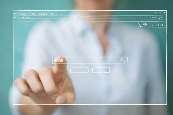 Businesswoman holding and touching a website page sketch