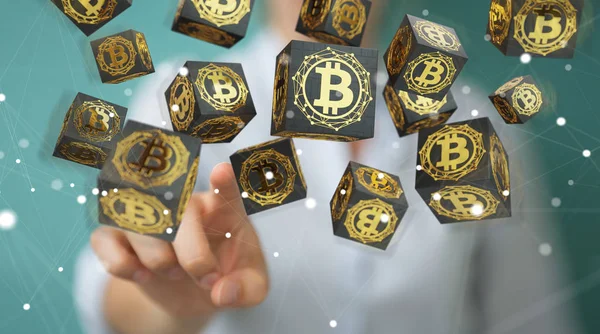 Empresária usando bitcoins criptomoeda 3D renderização — Fotografia de Stock
