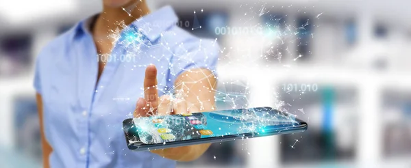 Businesswoman usando código binario digital en el teléfono móvil 3D rende — Foto de Stock