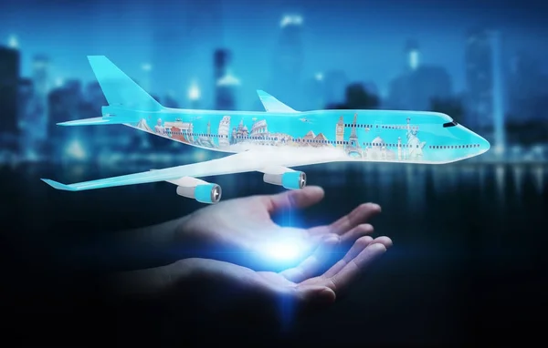 Бизнесмен с самолетом и знаменитыми достопримечательностями мира 3D ренд — стоковое фото