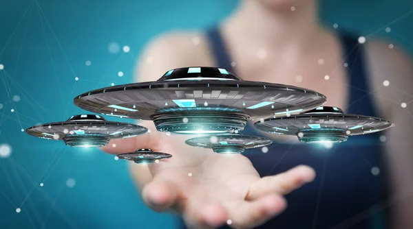 Donna d'affari con astronave retrò UFO rendering 3D — Foto Stock