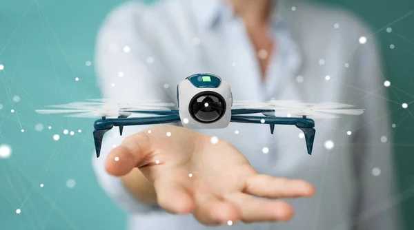 Zakenvrouw met behulp van moderne drone 3D-rendering — Stockfoto