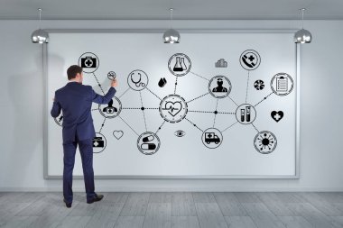 Bir kurulu 3d render tıbbi arabirimini kullanarak iş adamı