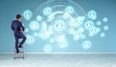 Üzerinde bir duvar 3d renderin sosyal ağ arabirimini kullanarak iş adamı