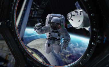 Astronot bir uzay istasyonu 3d işleme öğeleri inci üzerinde çalışma