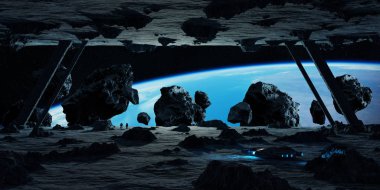 Astronotlar bir asteroit uzay gemisi 3d işleme öğeleri keşfetmek