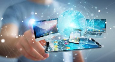 İşadamı teknik cihazlar ve simgeler uygulamaları 3d re bağlanılıyor