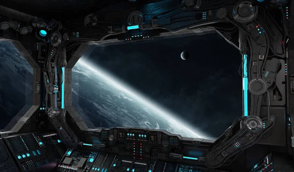 Nave espacial grunge interior con vista al planeta Tierra — Foto de Stock