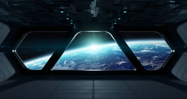 太空飞船未来的内部与看法在行星地球 — 图库照片